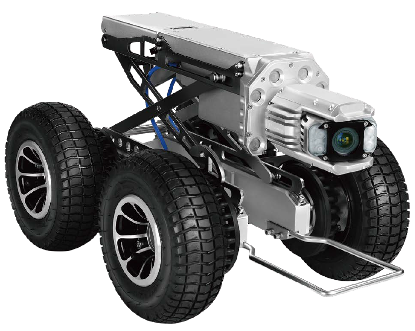 This robot is used for inspecting pipes from 12" to 80". Its 6-wheel or 4-wheel design and platform allow this to traverse silt and mud.